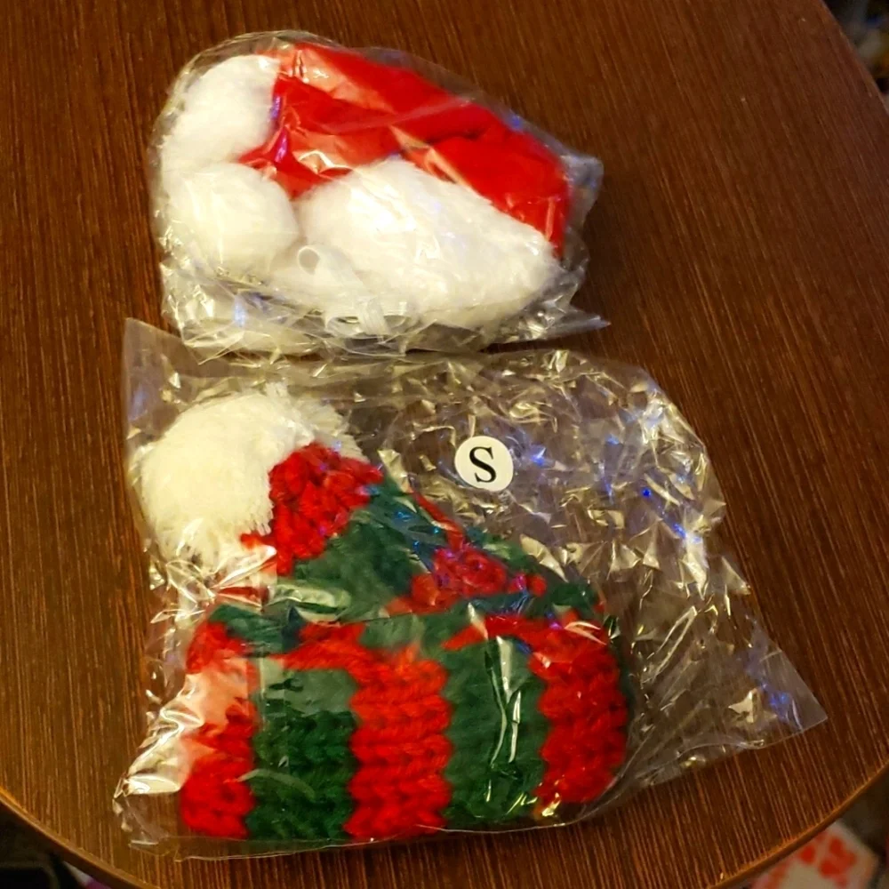 Cat Santa Hat with Red and Green Striped Scarf with a Pom Pom Size S